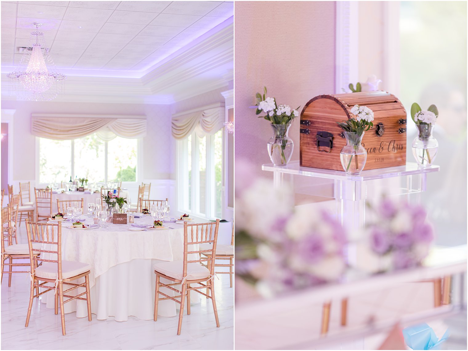 spring wedding reception at The English Manor with purple uplighting 
