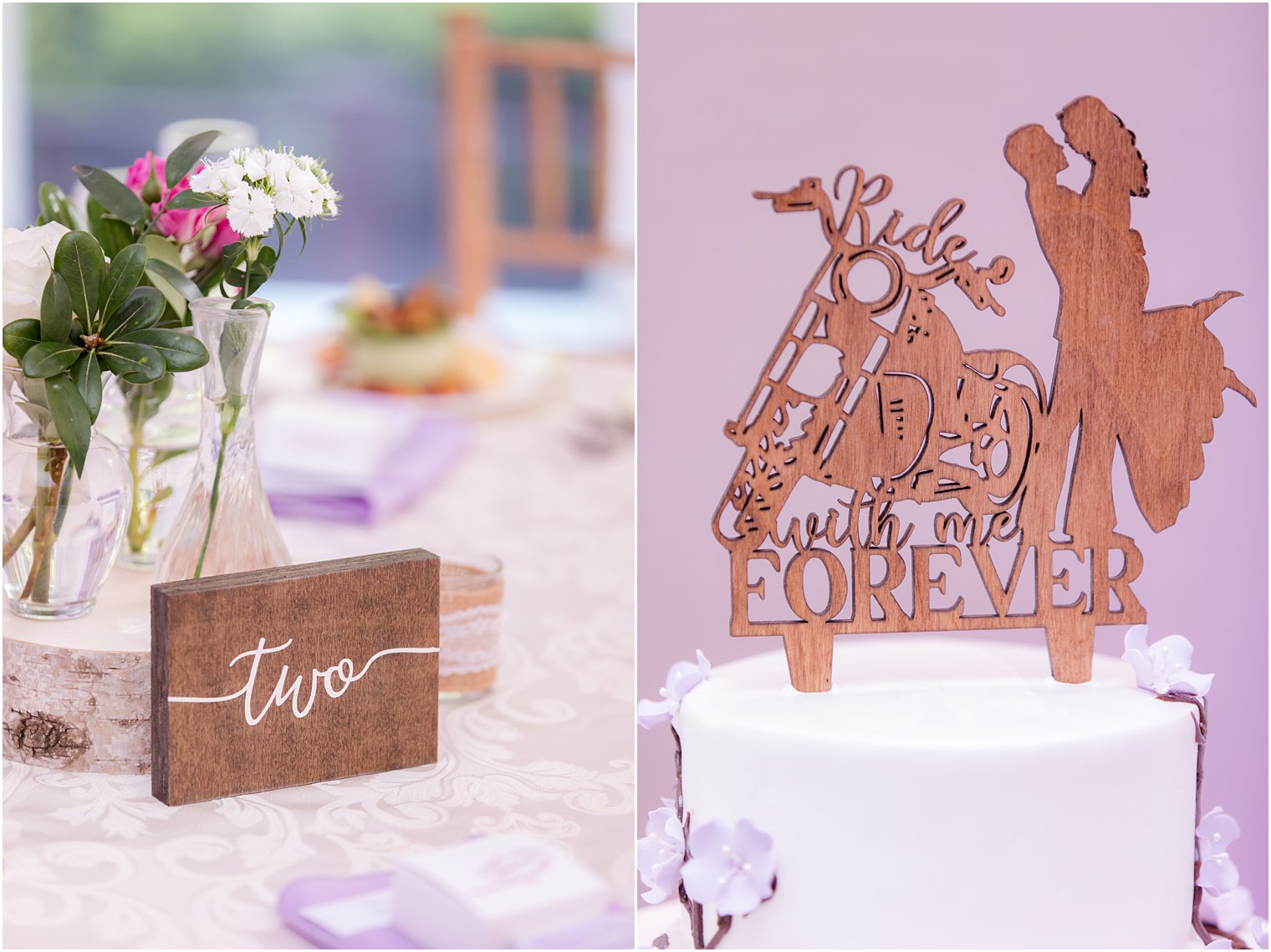 spring wedding reception details including wooden cake topper and table number sign