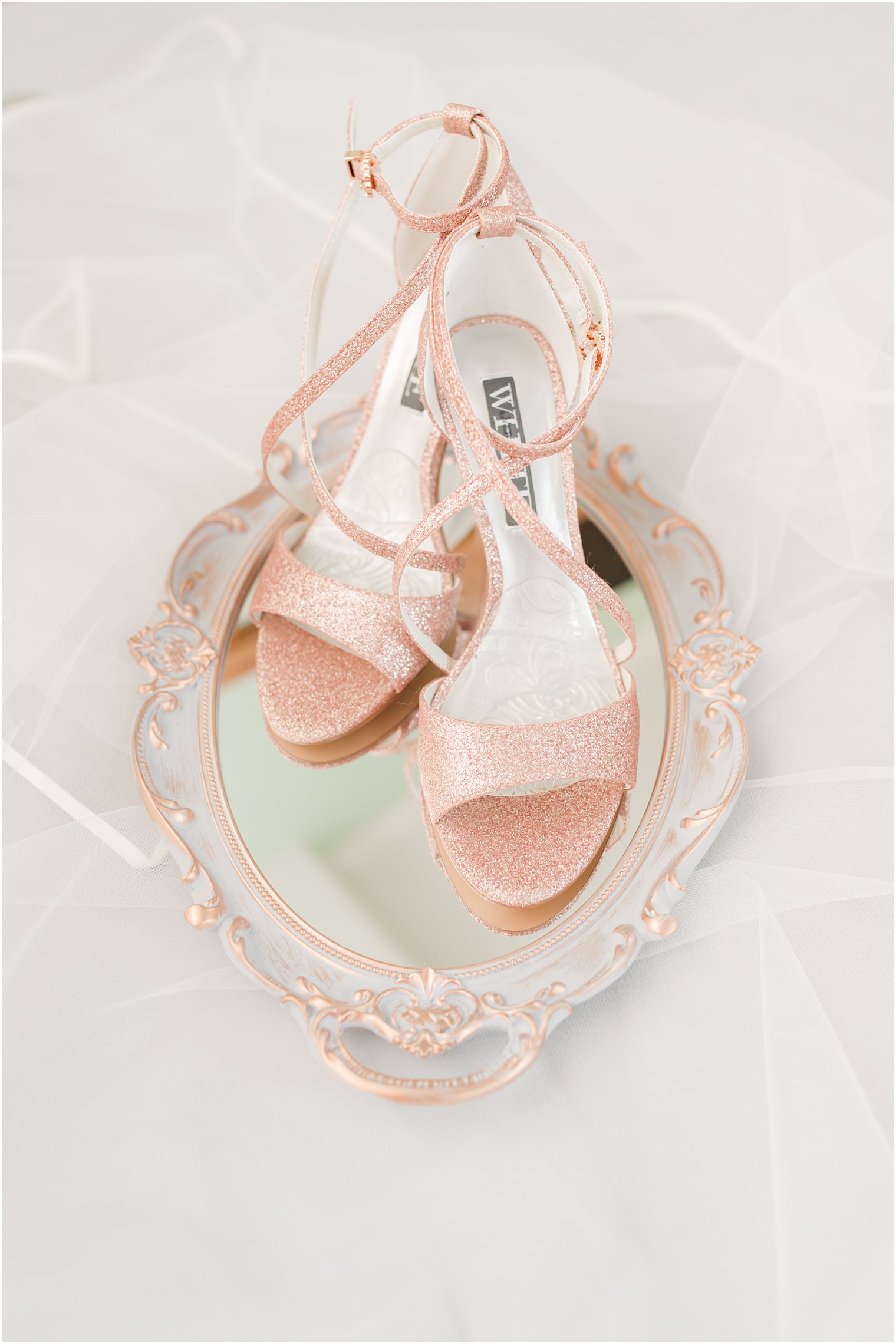 bride's sparkling pink shoes for NJ wedding day