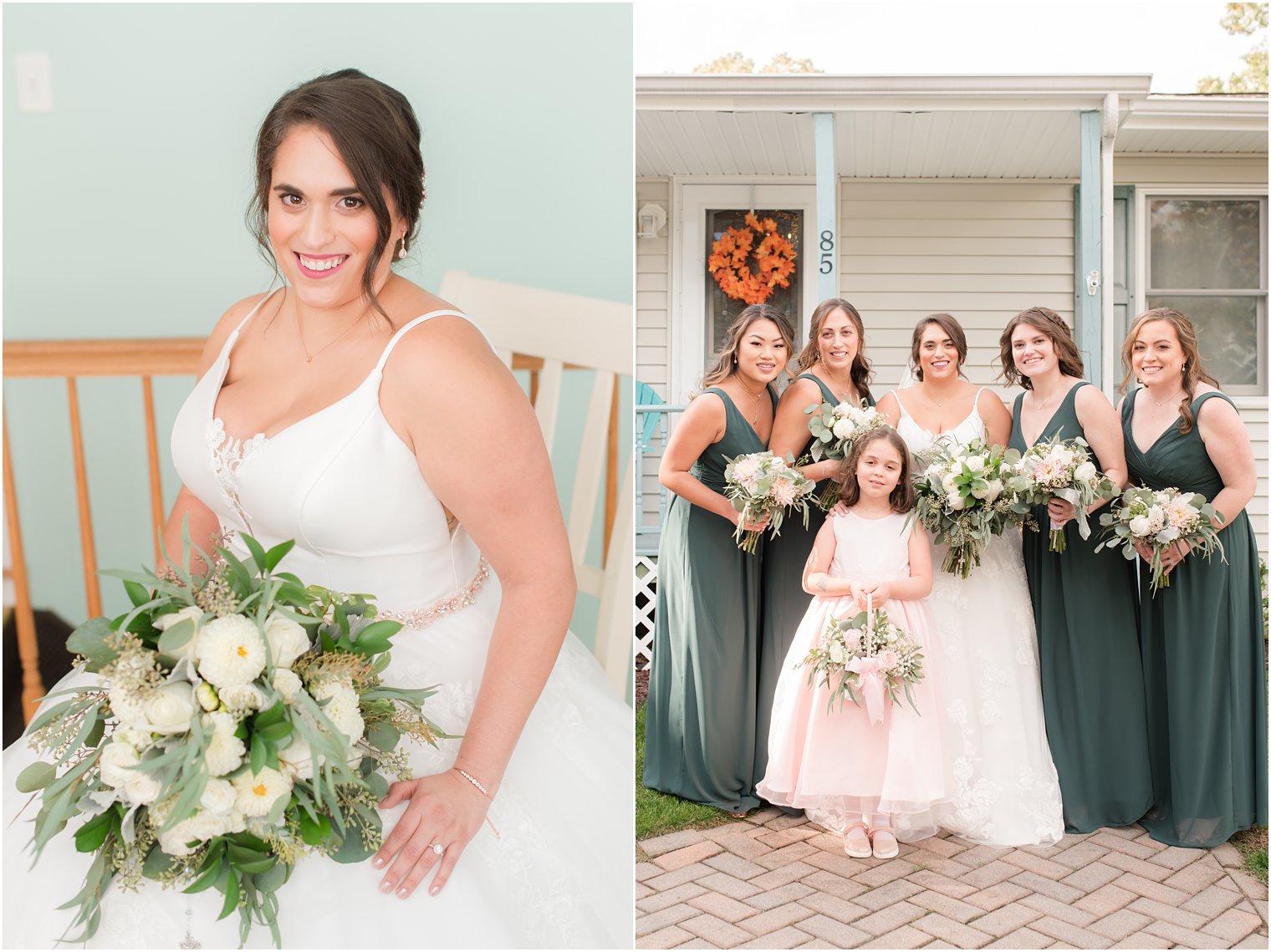 bride poses with bridesmaids in dark green gowns
