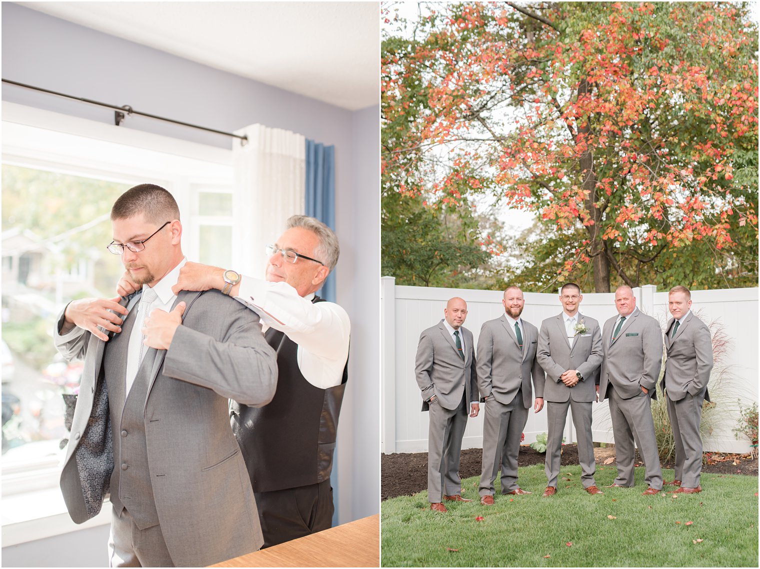 groom and groomsmen in grey suits pose in backyard