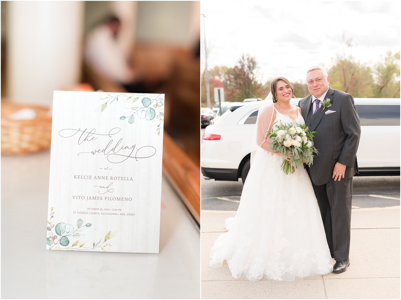 bride poses with dad outside NJ church on wedding day