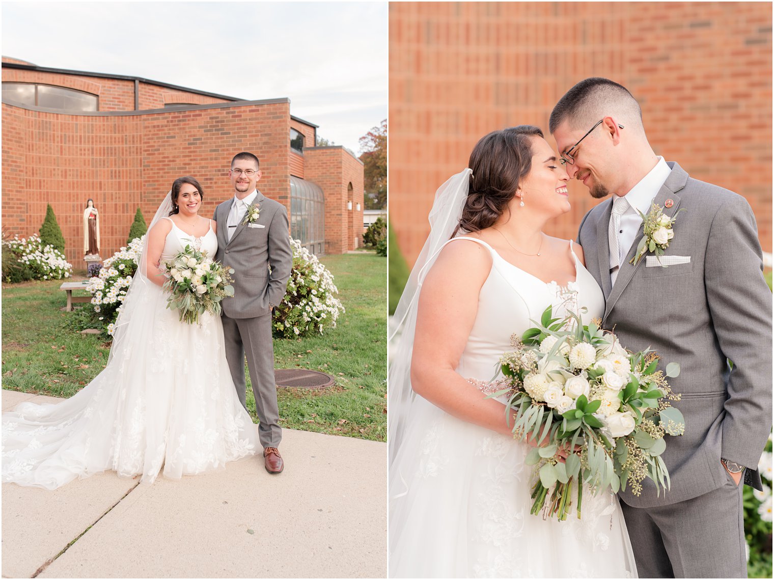 New Jersey wedding portraits of bride and groom on church lawn