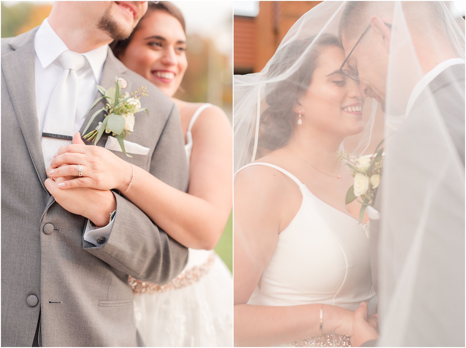 bride holds groom's hand on lapel