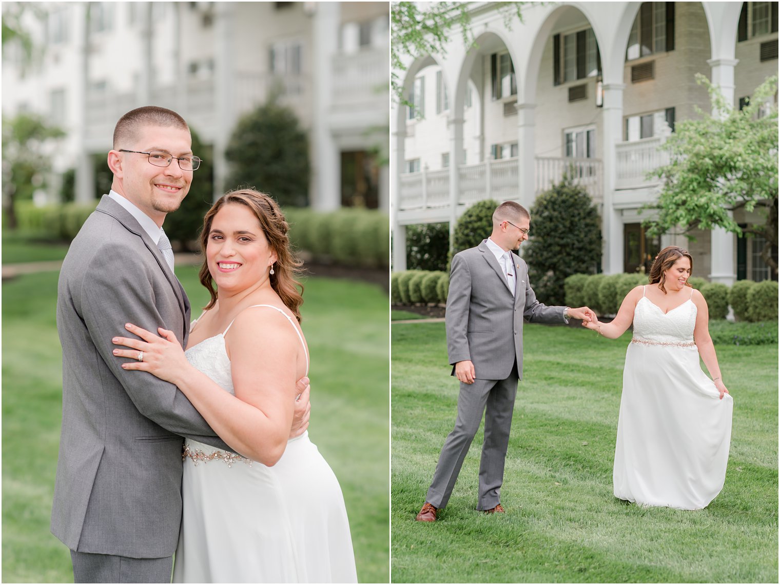 bride and groom hug on lawn of The Madison Hotel