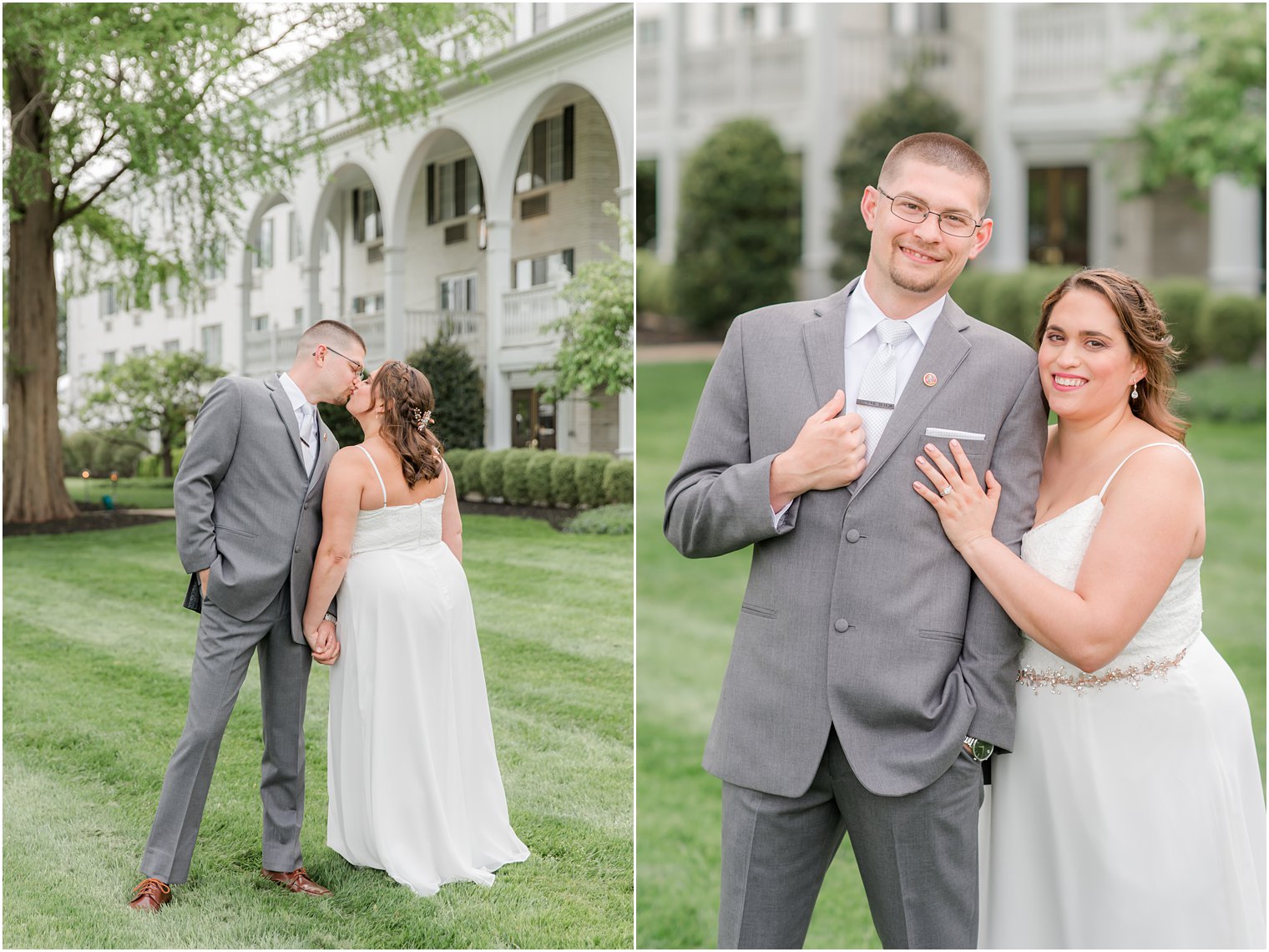 bride and groom pose outside The Madison Hotel during wedding photos