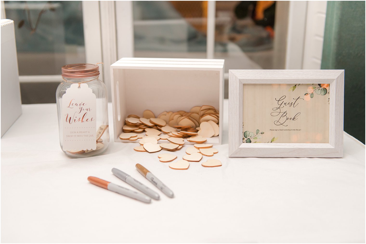 wooden heart guest book for NJ wedding reception 