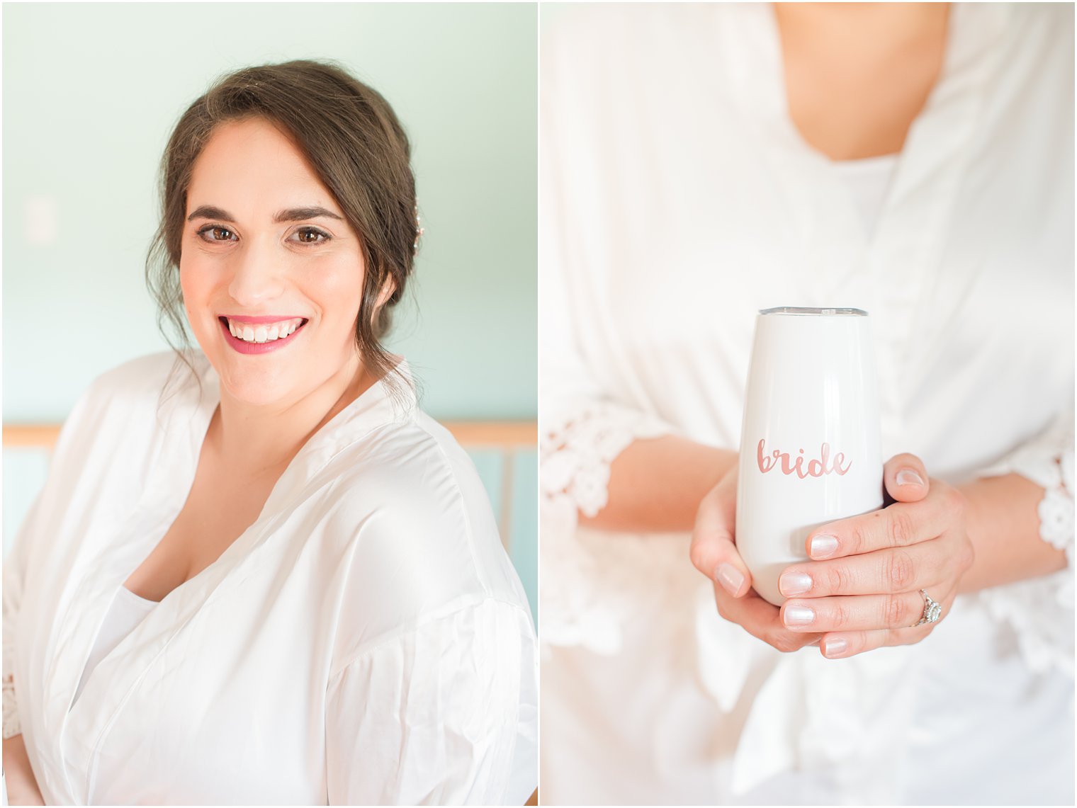 bride prepares for New Jersey wedding day with custom bride cup