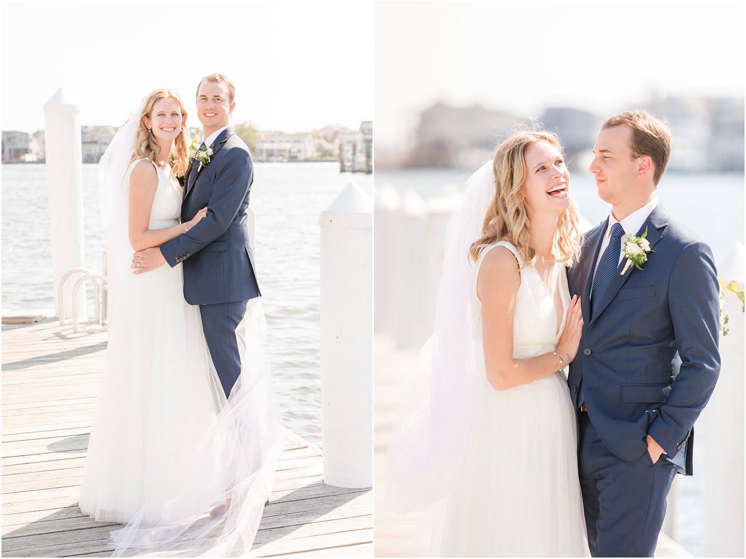 bride and groom laugh during portraits on wedding day in the summer 