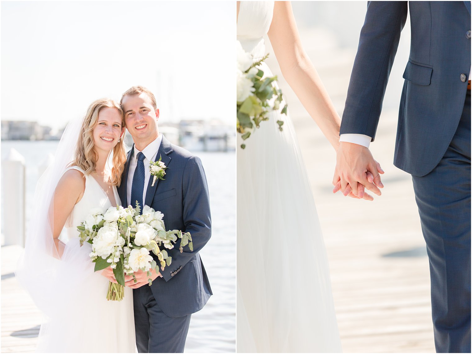 New Jersey newlyweds stand together on dock at Bay Head Yacht Club