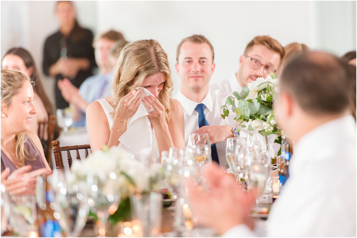 bride cries during wedding reception in Bay Head, NJ