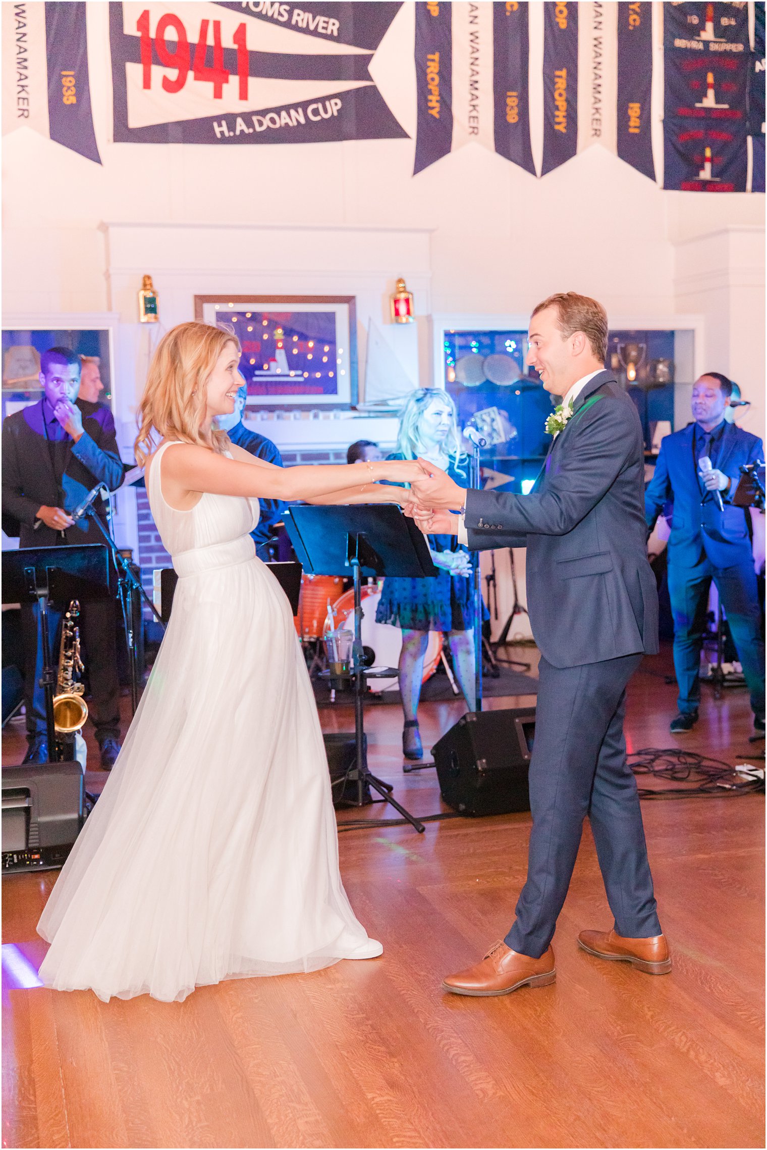 newlyweds dance to live band during NJ wedding reception 