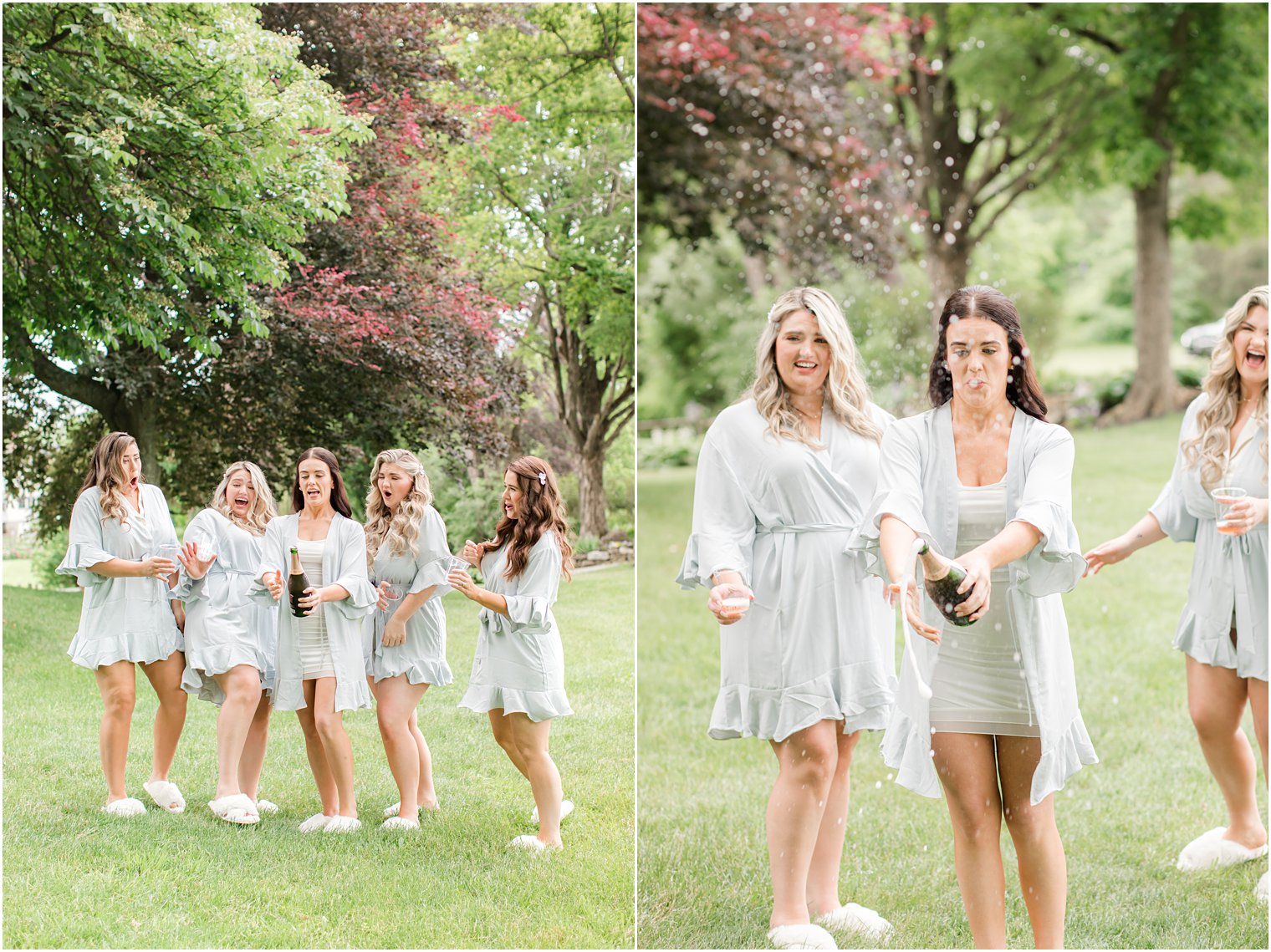 candid photos of bride and bridesmaids popping champagne on wedding morning