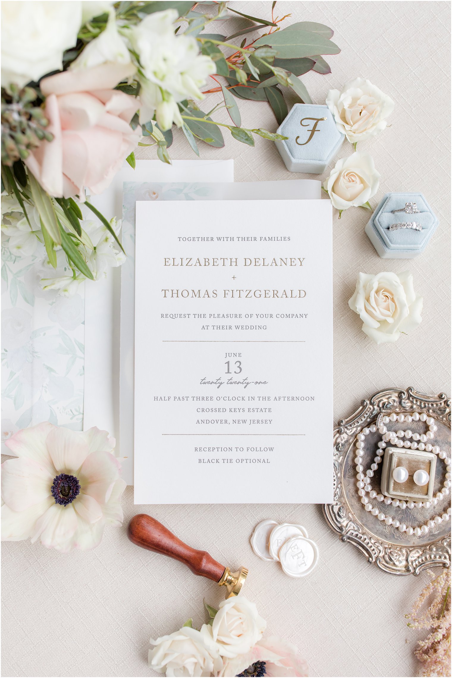 wedding invitation photo with pastel floral details