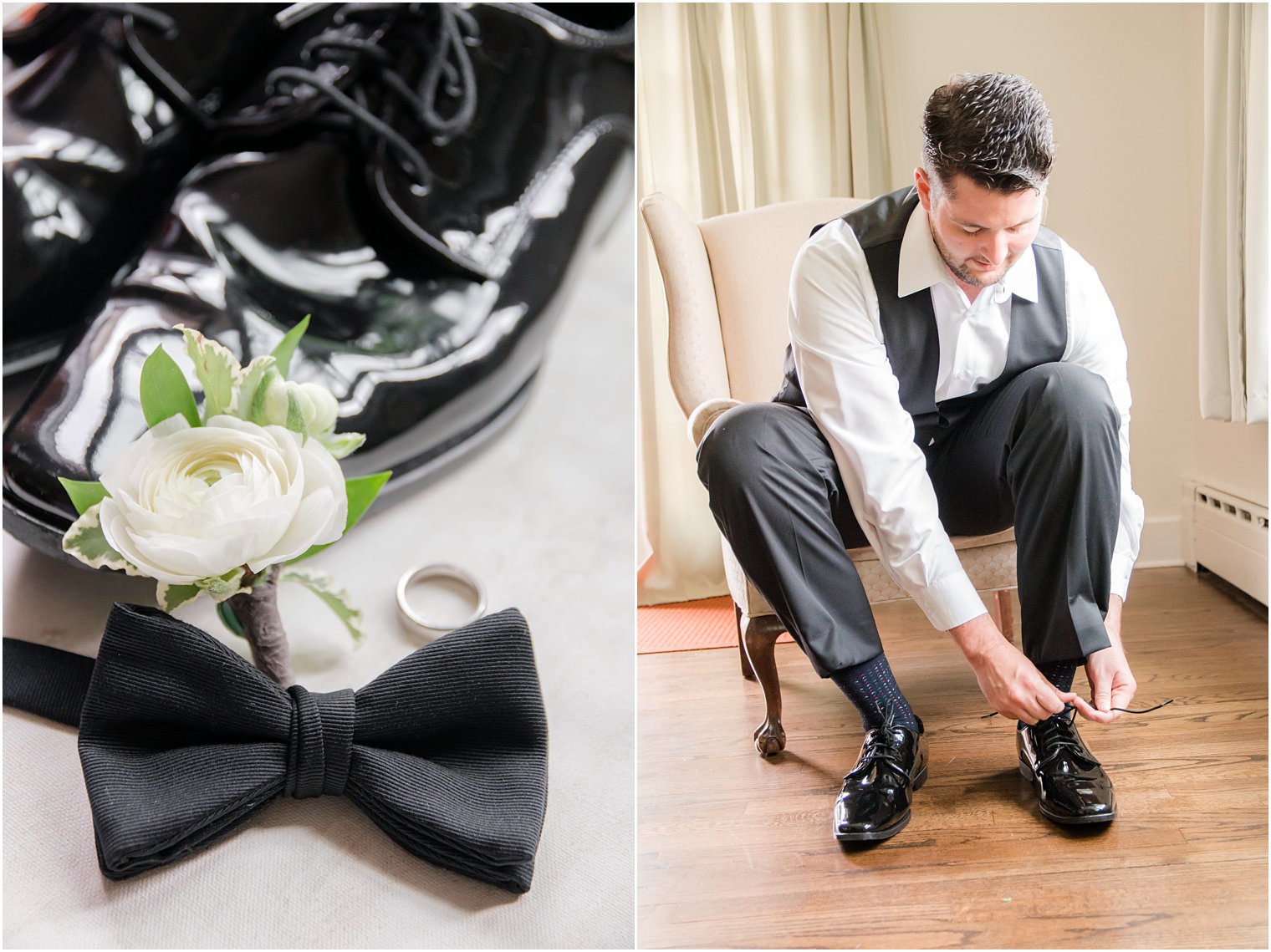 groom putting on socks and shoes on wedding day