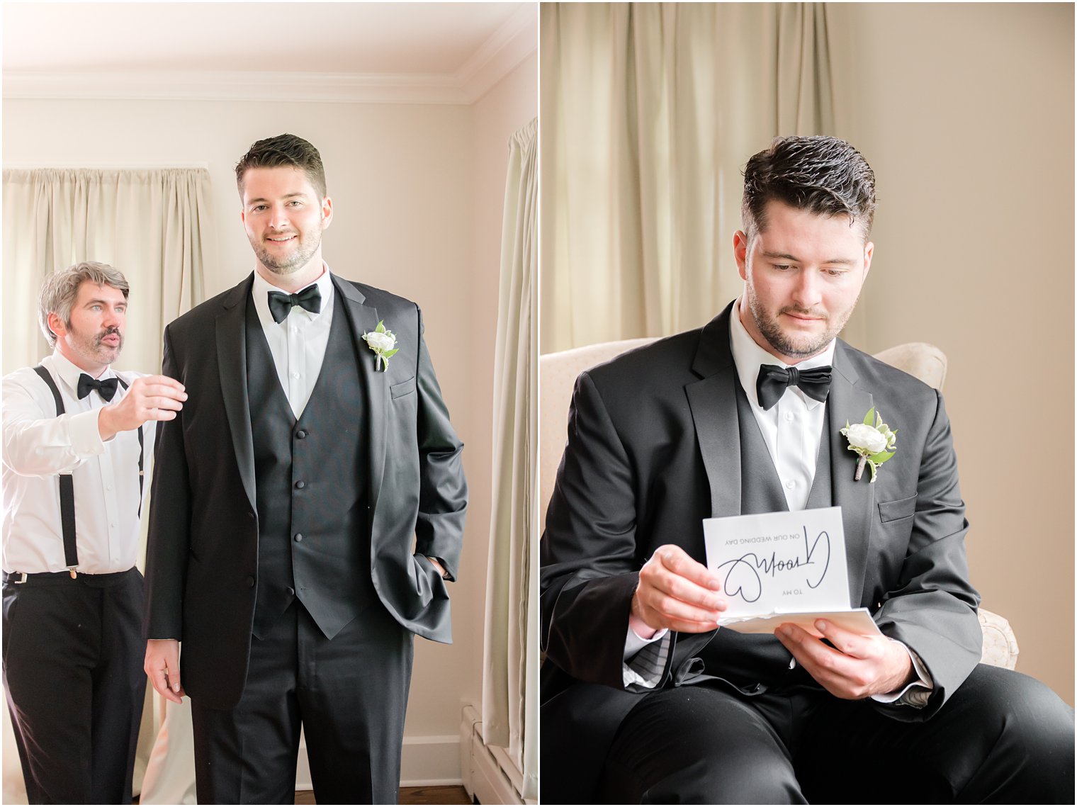 groom getting ready with best man and reading note from his bride on wedding morning