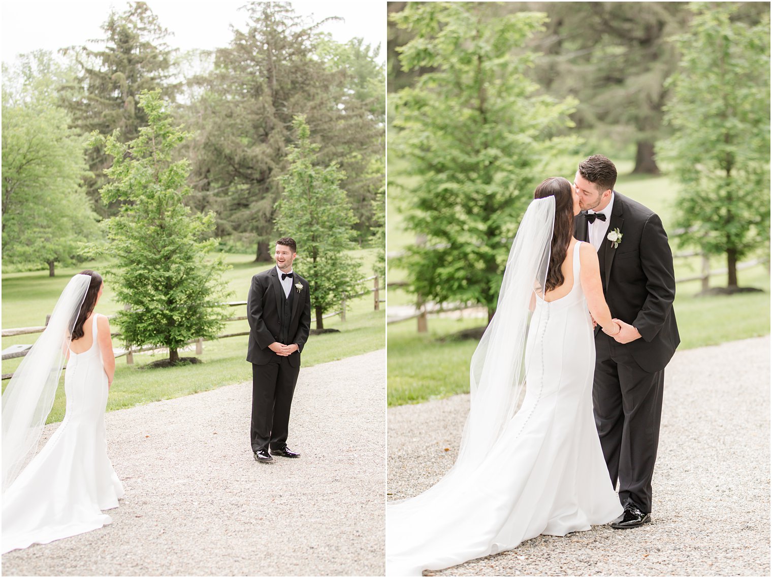 first look done outdoors amidst pine trees at Crossed Keys Estate