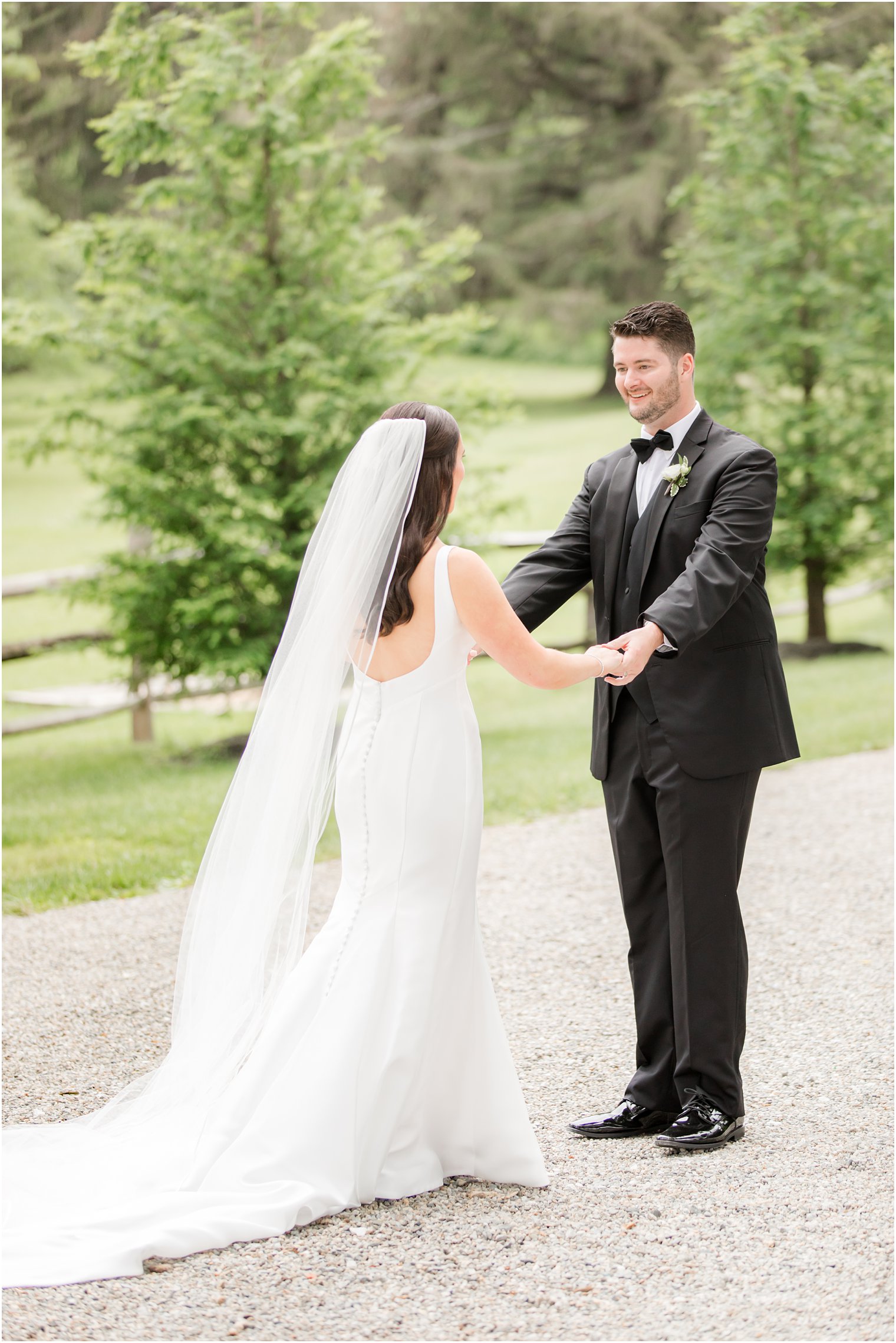 wedding photo during first look at Crossed Keys Estate