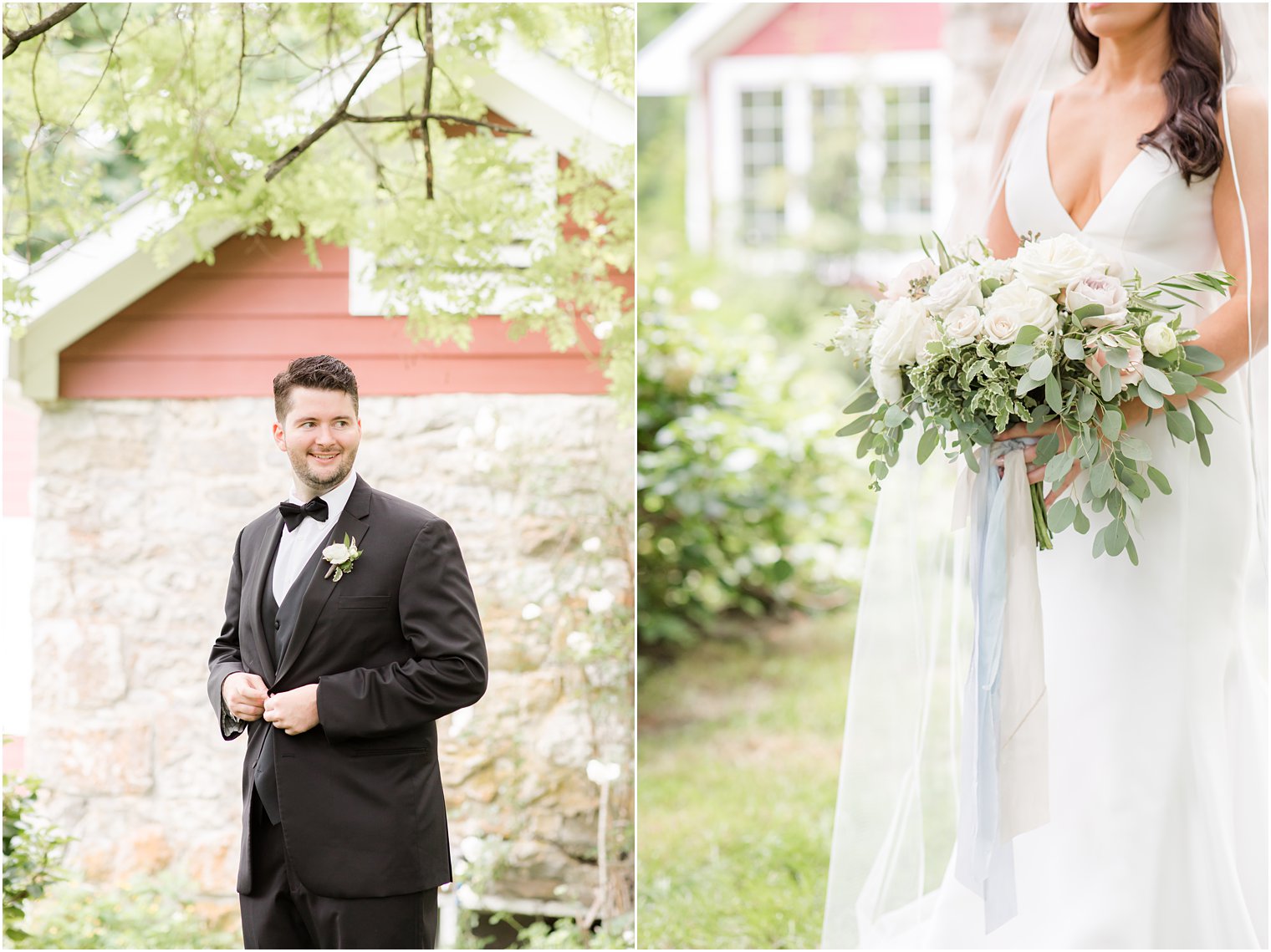 Groom buttoning his jacket during portrait session 