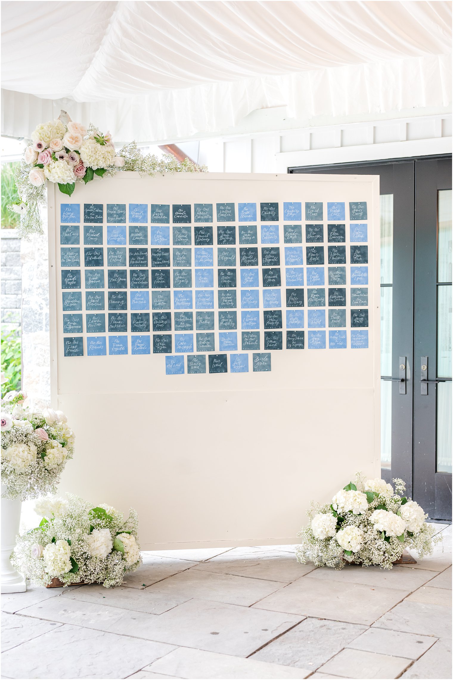 seating cards display with blue tiles