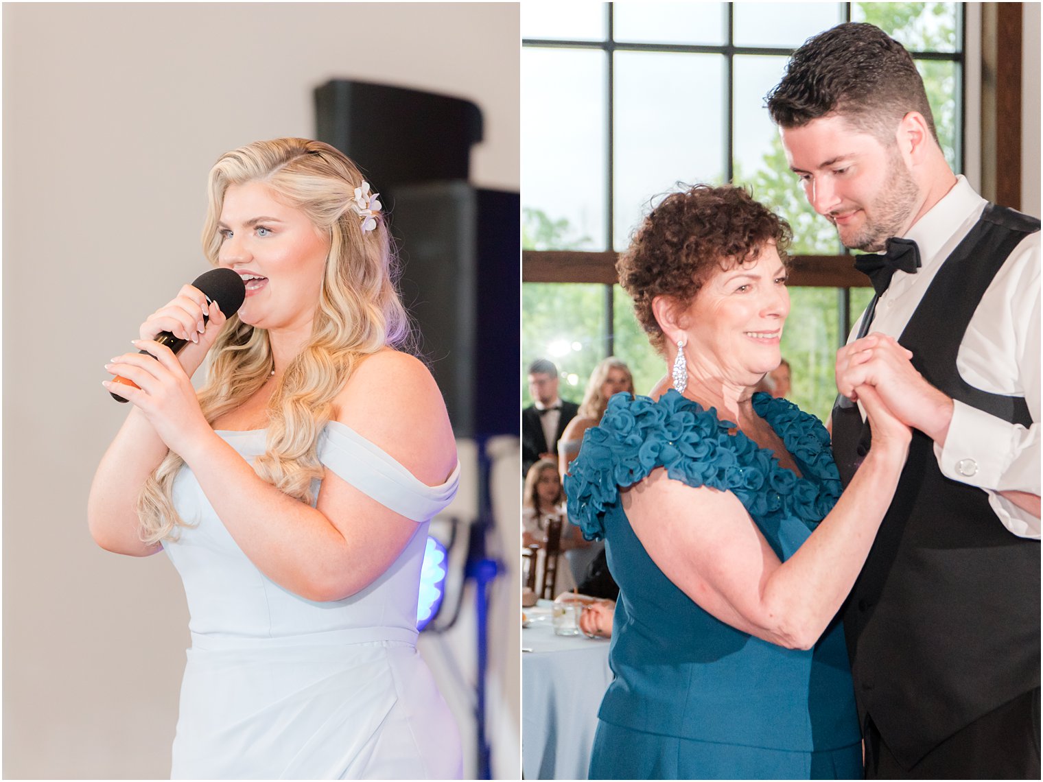 maid of honor singing while mother of the groom and groom dance