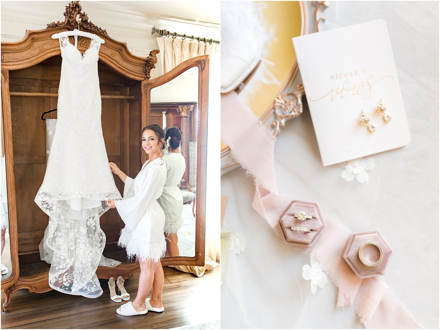 bride prepares for Park Savoy Estate wedding day with dress hanging in wardrobe 