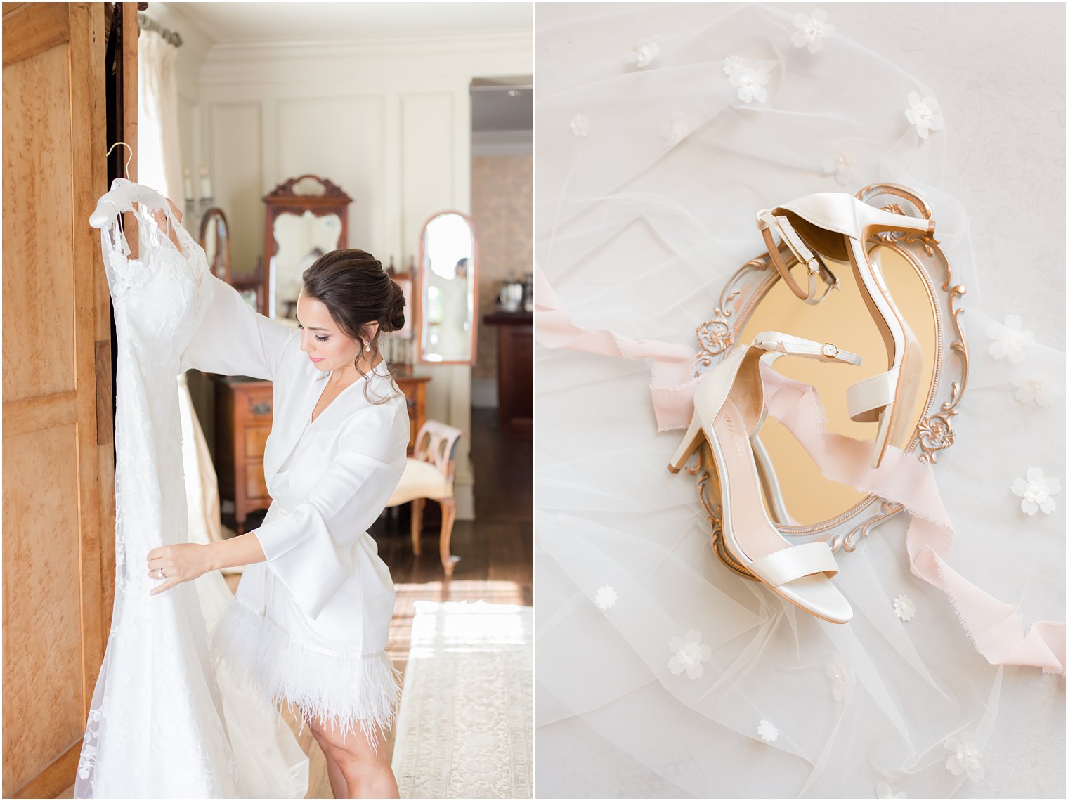 bride looks at wedding dress before NJ wedding 