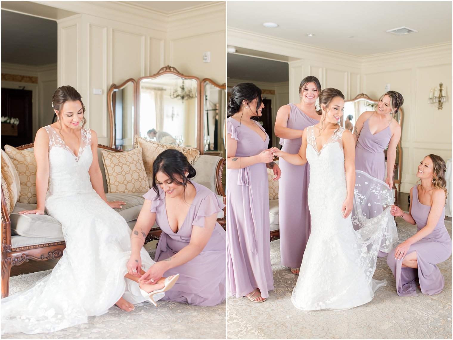 bridesmaids in purple gowns help bride prepare for NJ wedding 