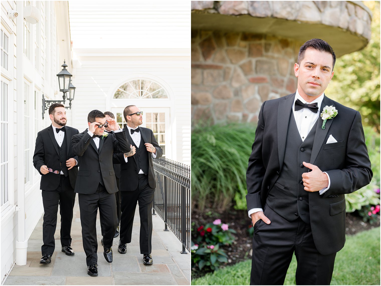 groomsmen walk along balcony with sunglasses and classic tuxes 