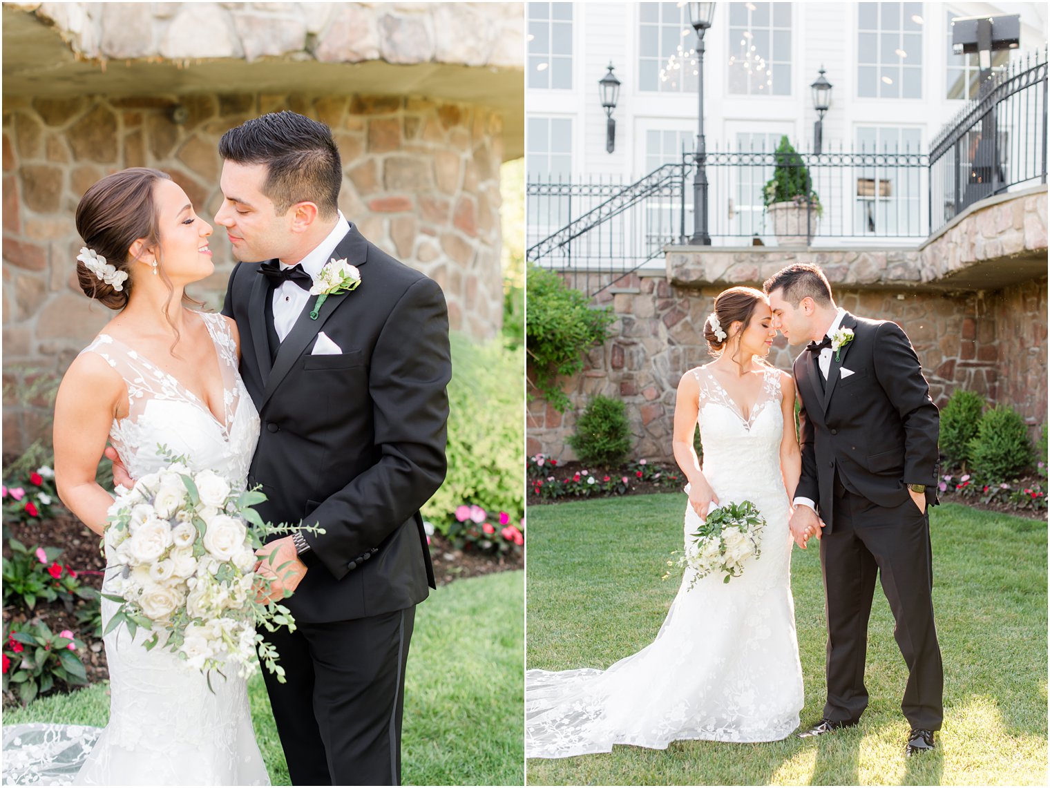 bride and groom smile together in gardens at Park Savoy Estate