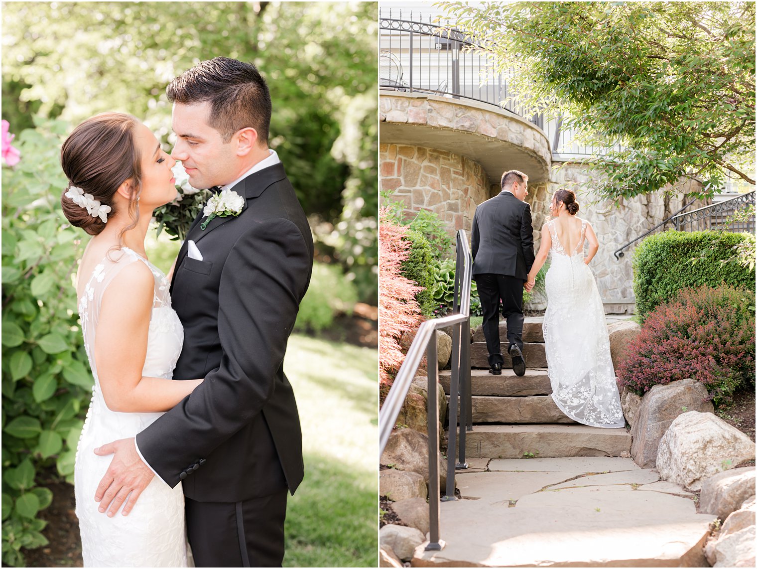 bride and groom walk up steps at Park Savoy Estate