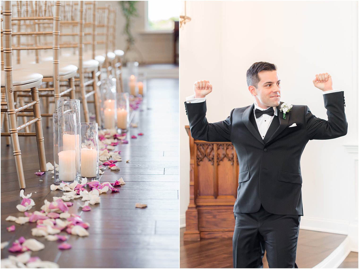 groom dances at the altar waiting for bride