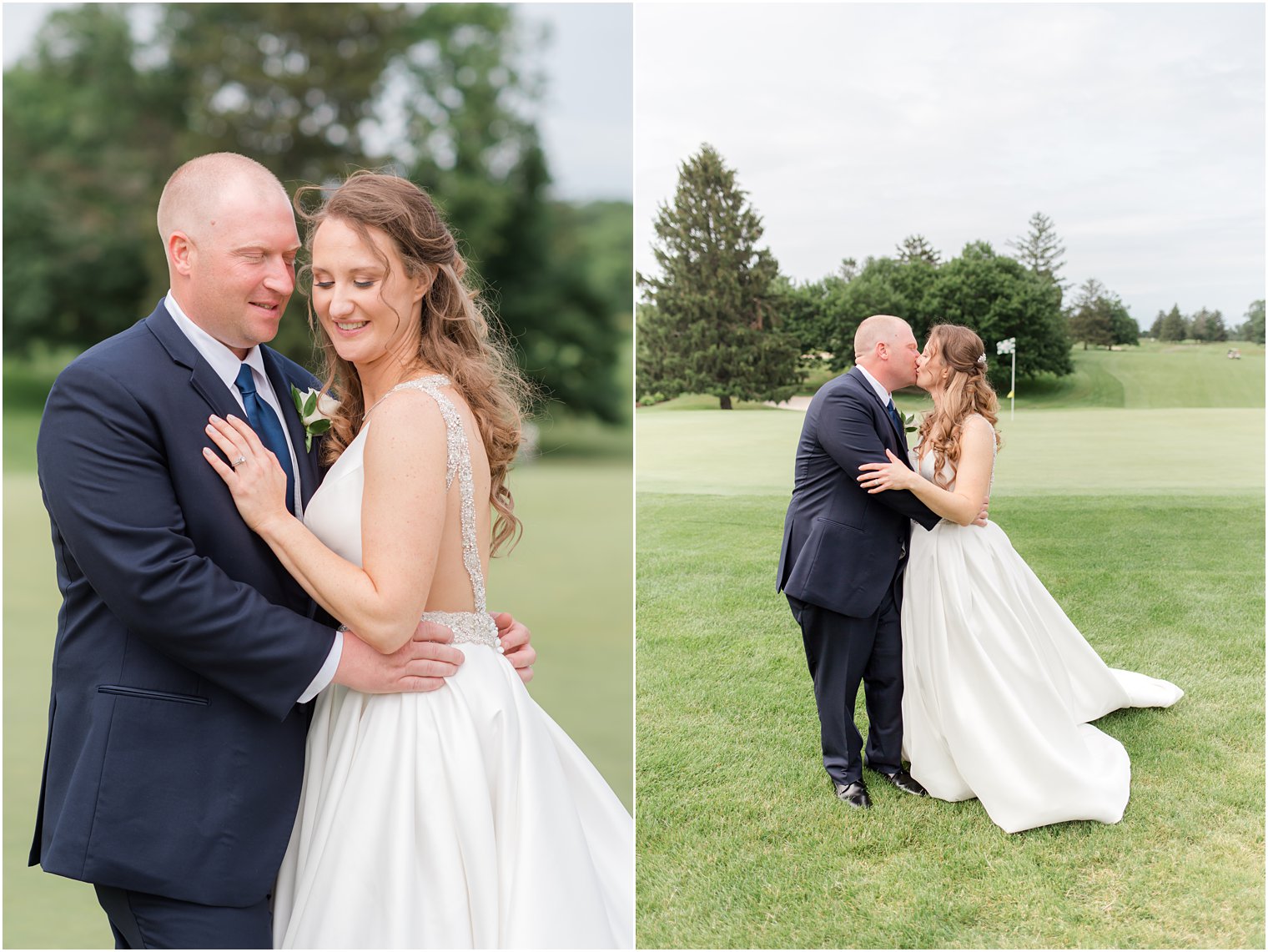 bride and groom hug and kiss at New Jersey wedding venue 