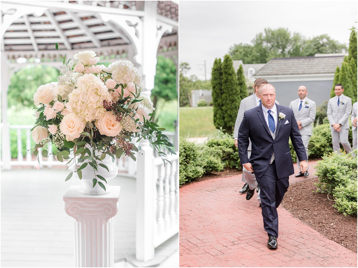 groom walks into wedding ceremony in gazebo at Forsgate Country Club