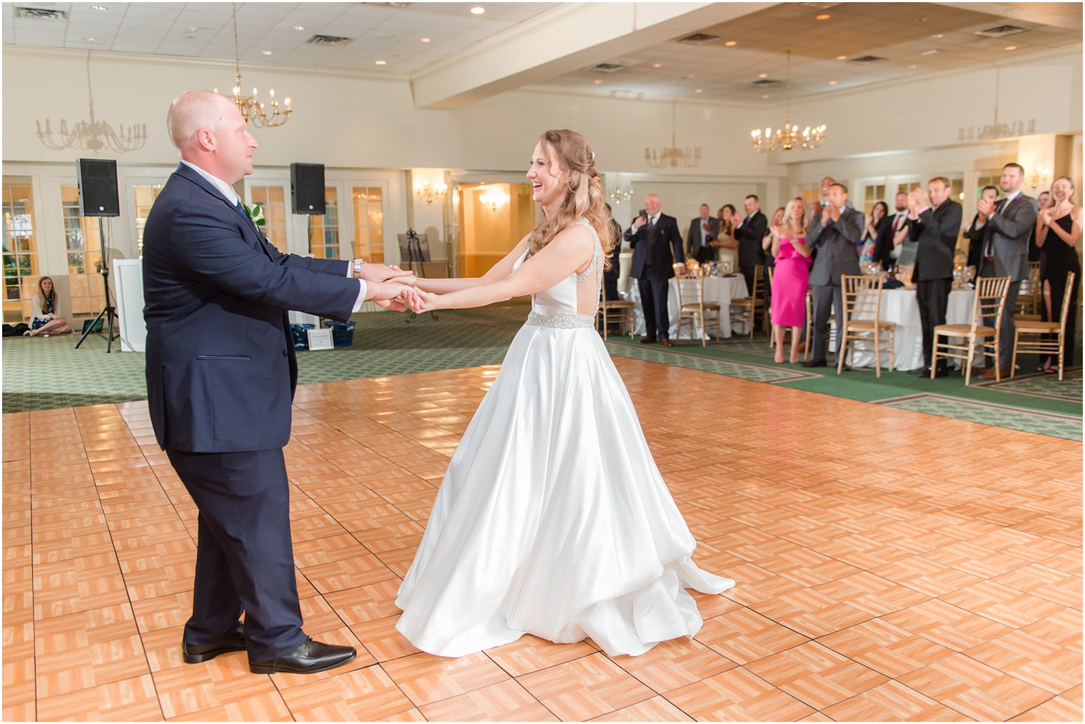 bride and groom have first dance during NJ wedding reception 