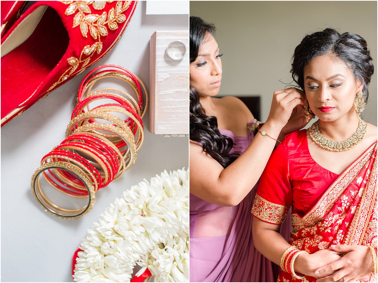 bridesmaid helps bride with red Indian attire for wedding at Ashford Estate 