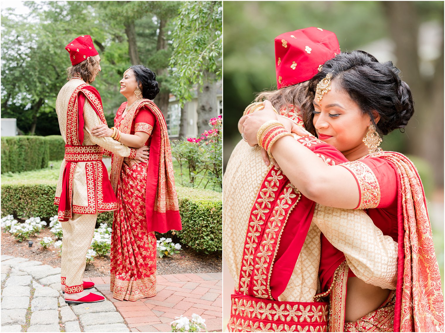 bride and groom hug in red and gold Indian attire before Indian wedding at the Ashford Estate