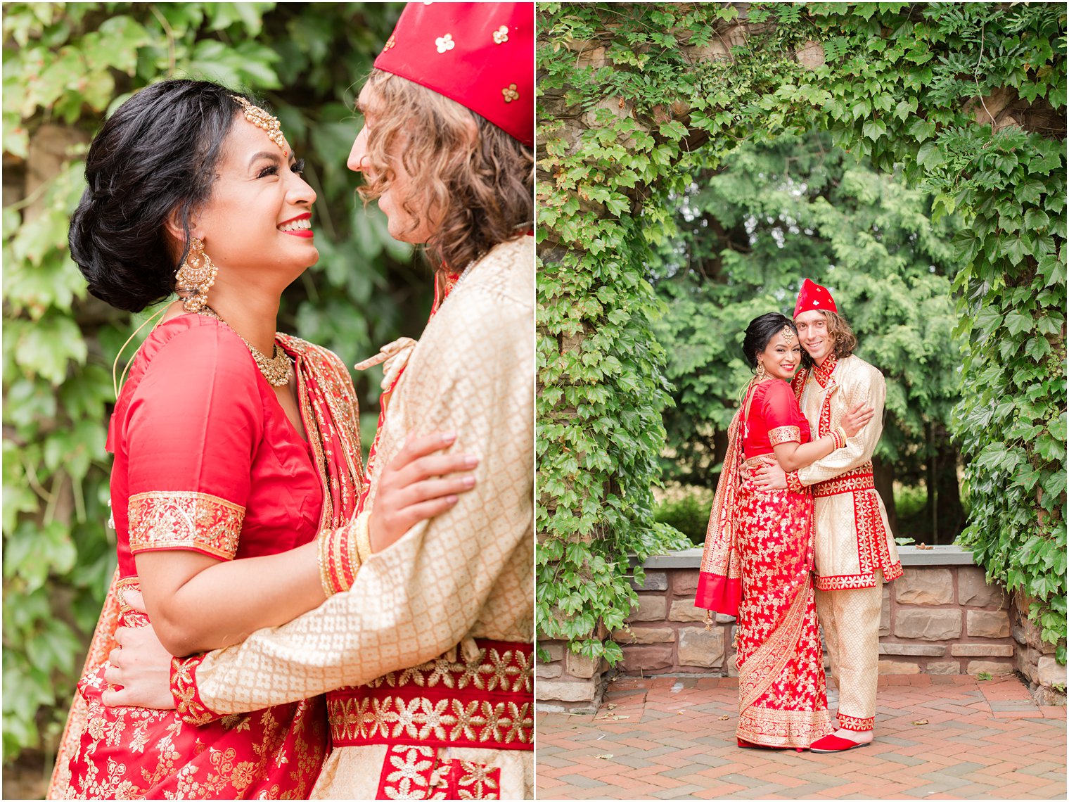 bride and groom hug in traditional Hindu attire before Indian wedding at the Ashford Estate
