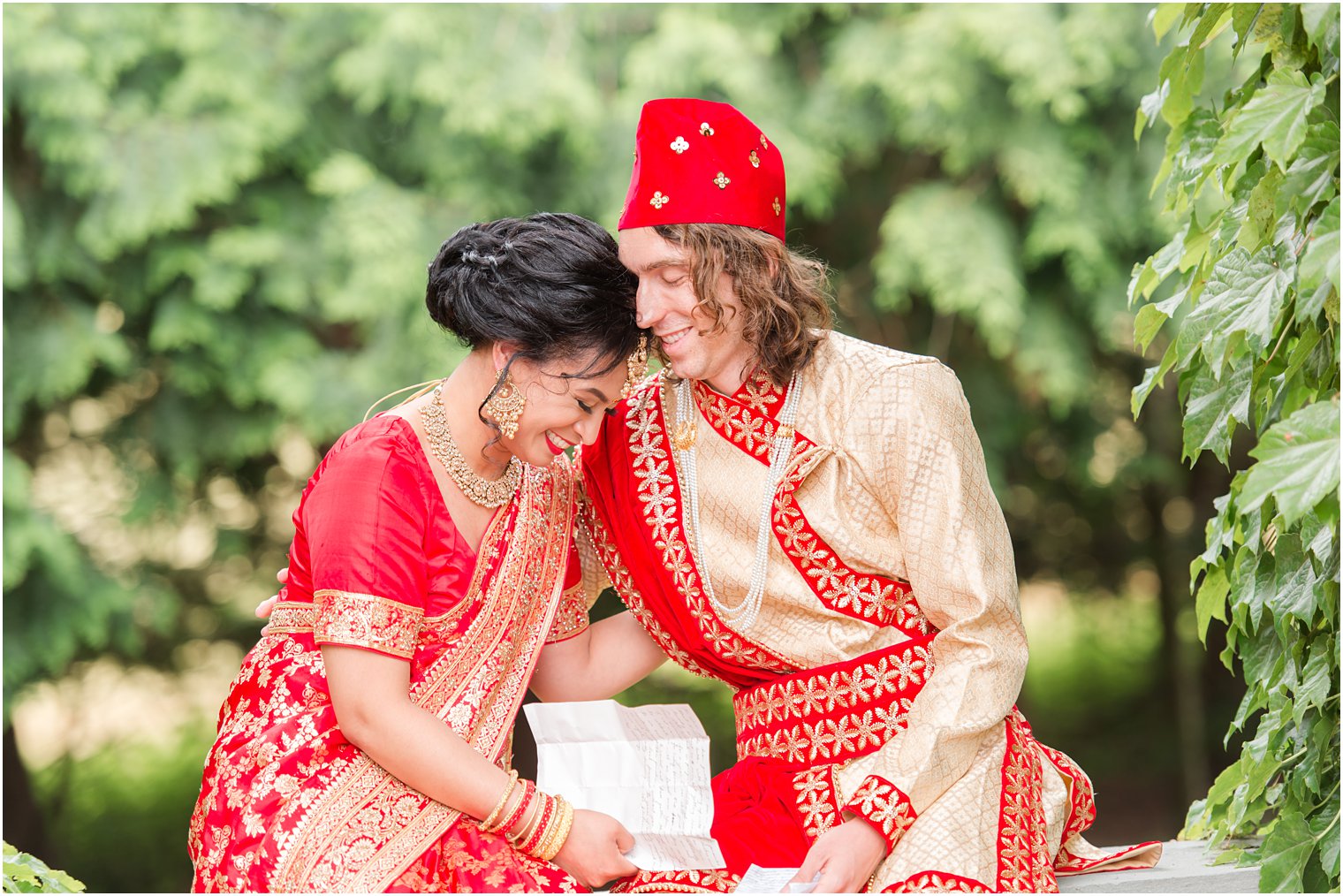 bride and groom lean in together during prep before Indian wedding at the Ashford Estate