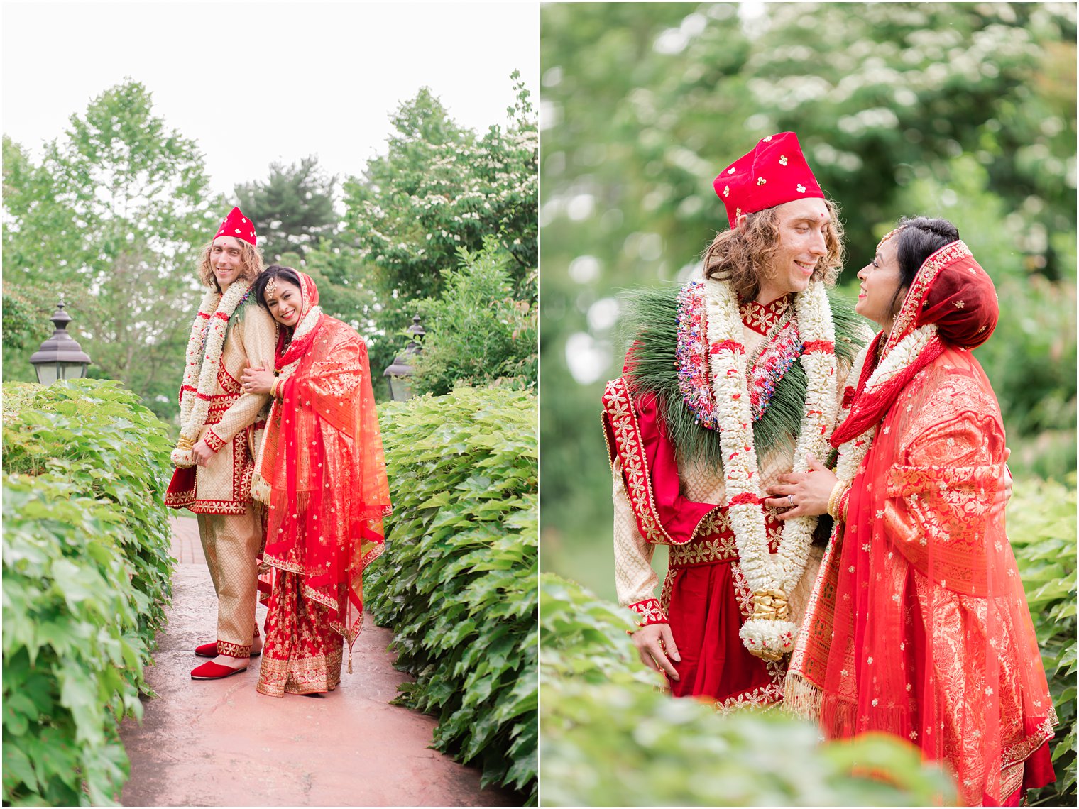 newlyweds smile at each other in gardens of Ashford Estate 