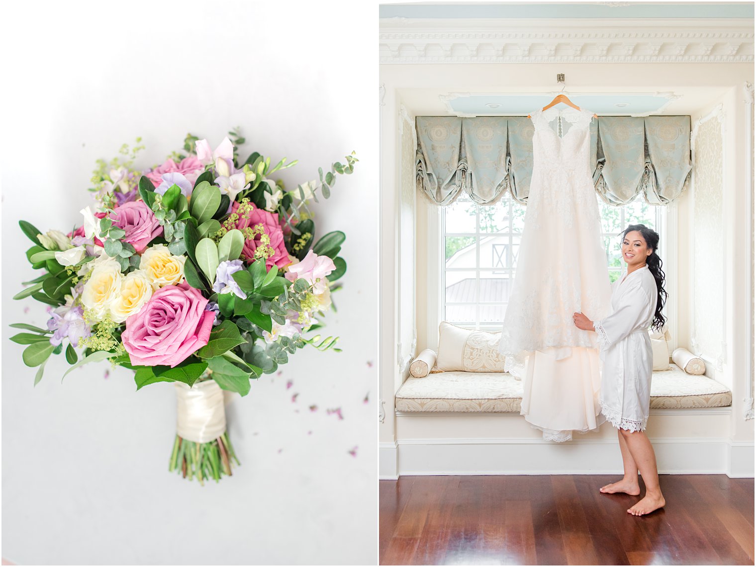 bride looks a wedding dress hanging in window at Ashford Estate