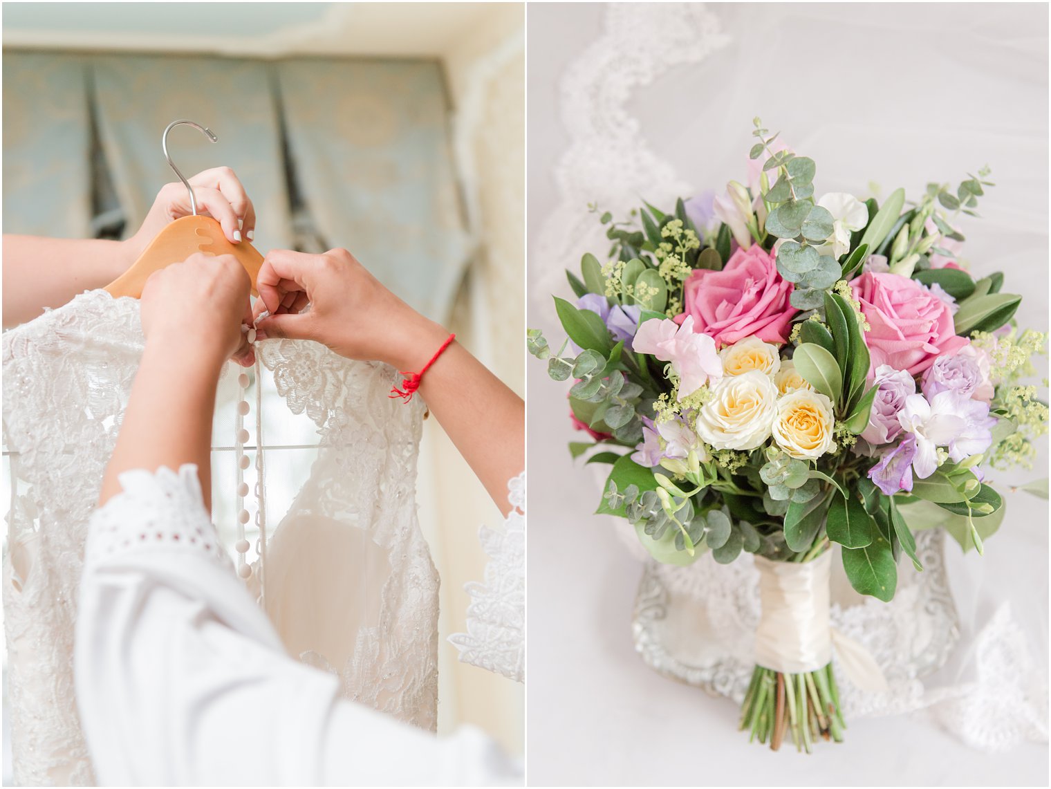 bride opens buttons on back of wedding dress