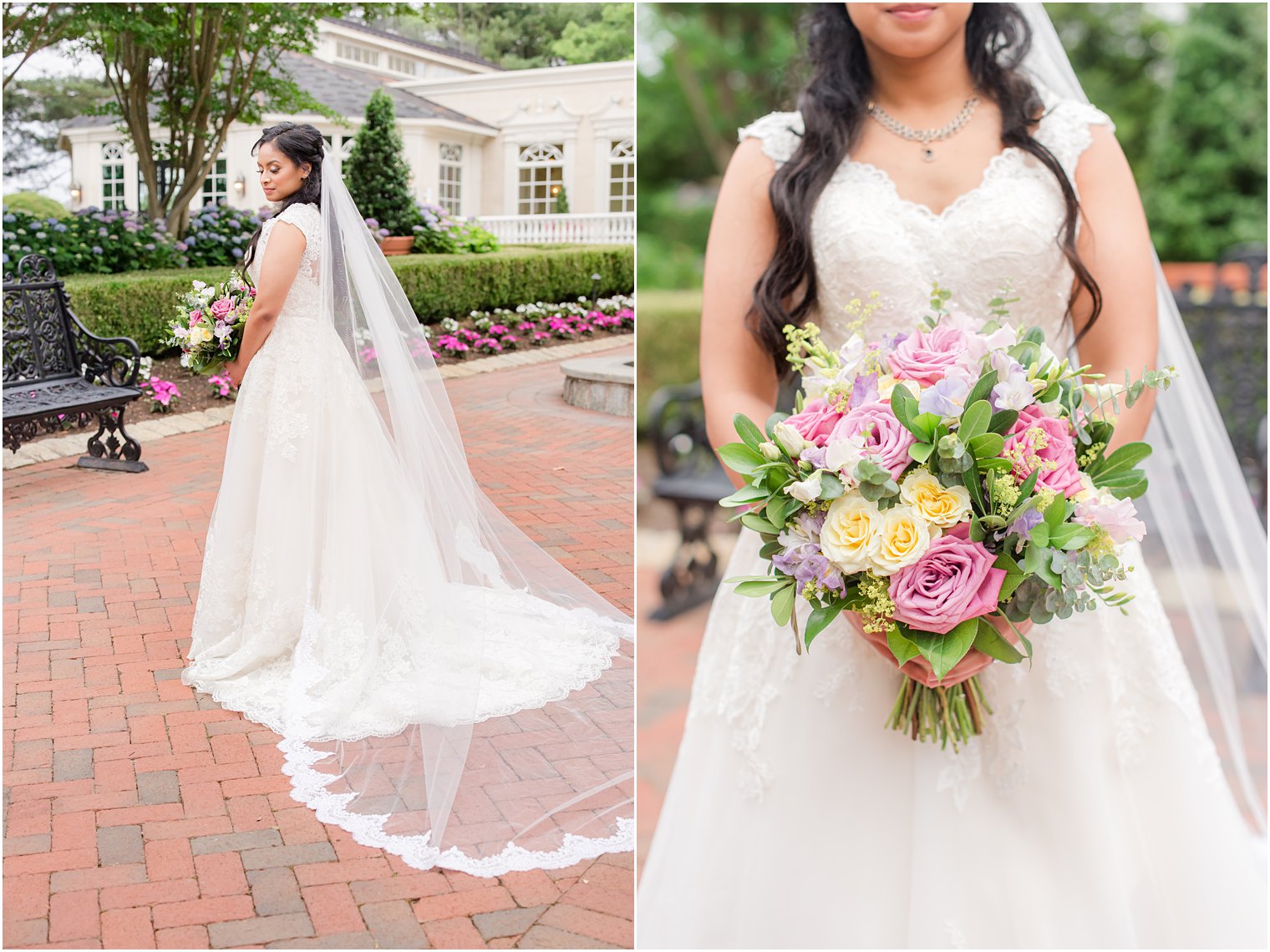 bride holds bouquet of pastel pink, purple, and yellow florals