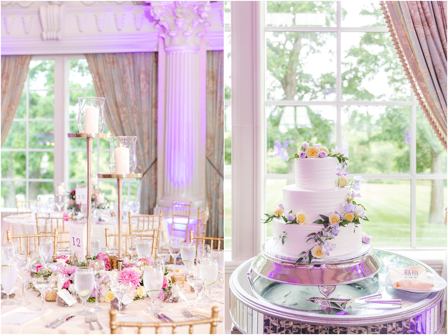 wedding reception with gold candles and wedding cake 