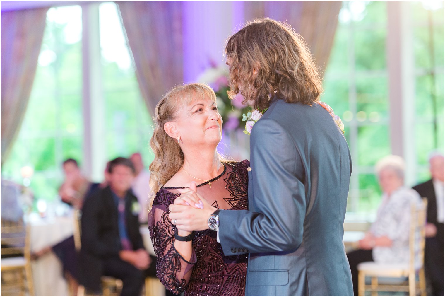 groom and mother dance during NJ wedding reception 