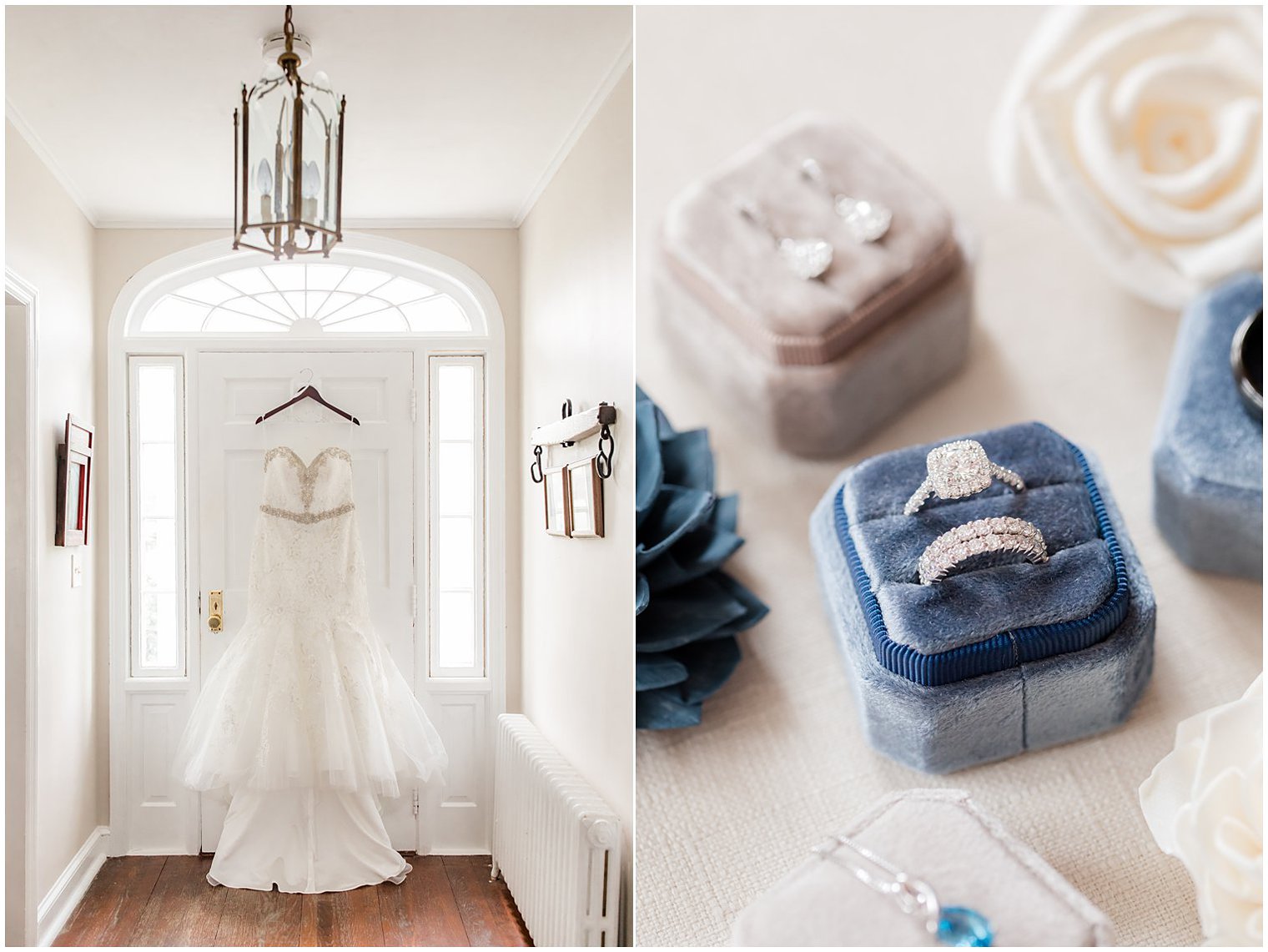 bride's wedding dress hangs in home with jewelry in blue ring box