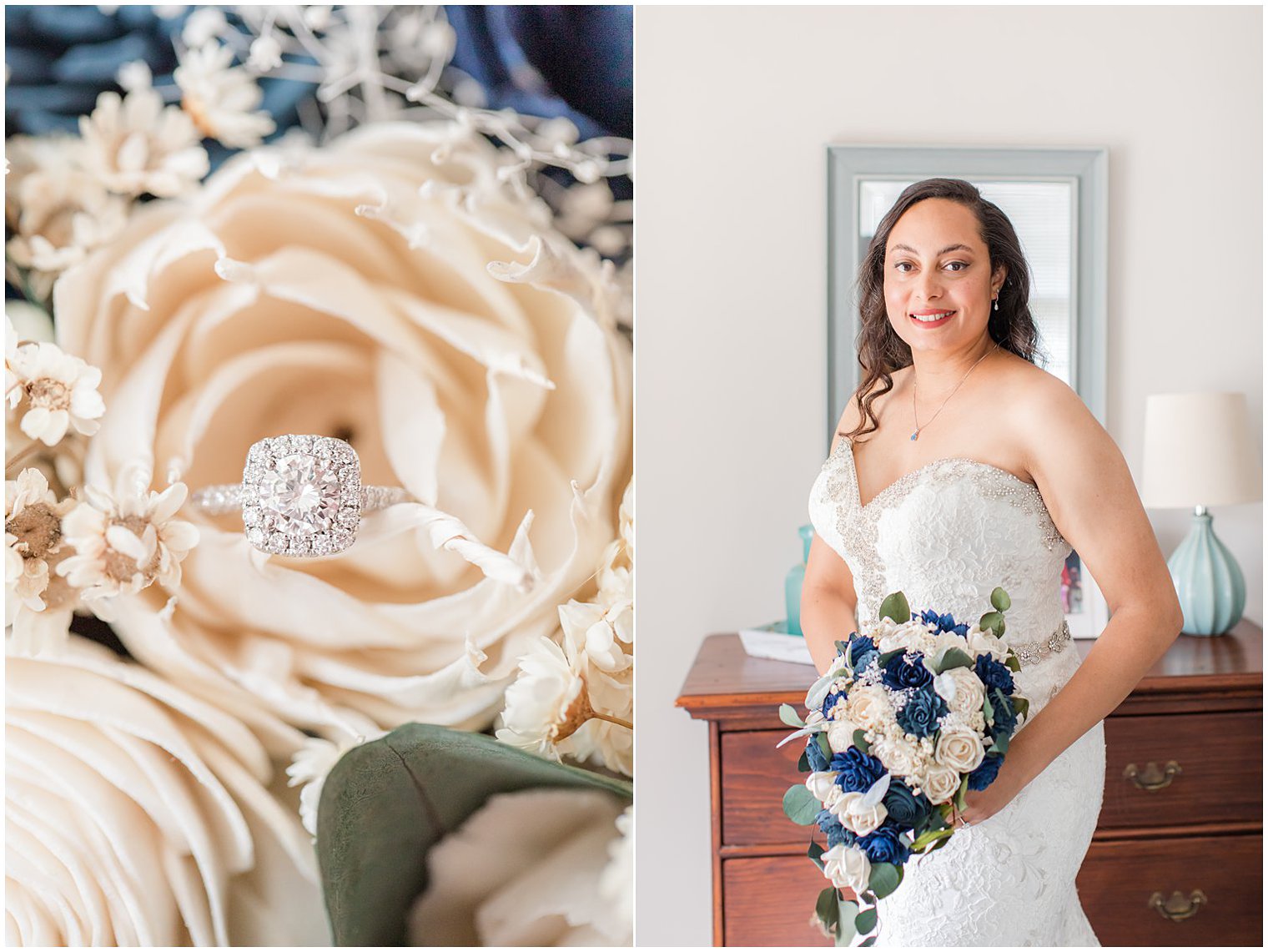bride holds custom bouquet of white and blue flowers before Red Bank, NJ wedding