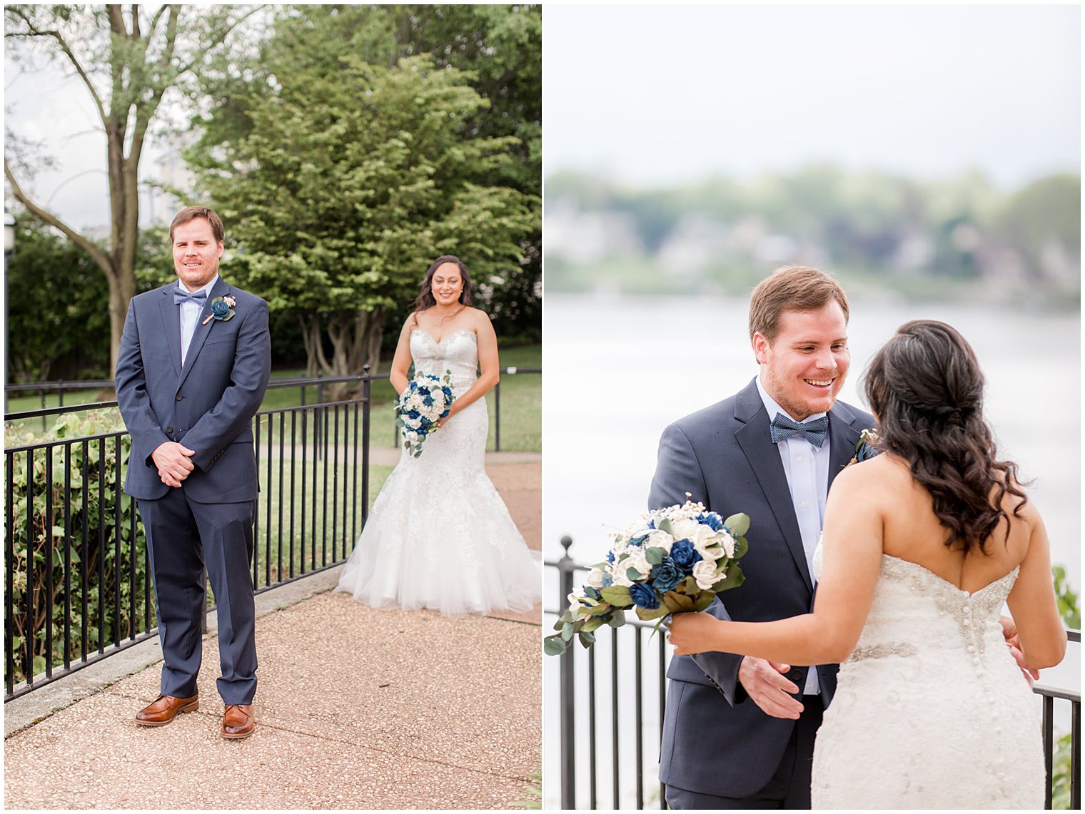 bride walks up to groom for first look in Red Bank, NJ