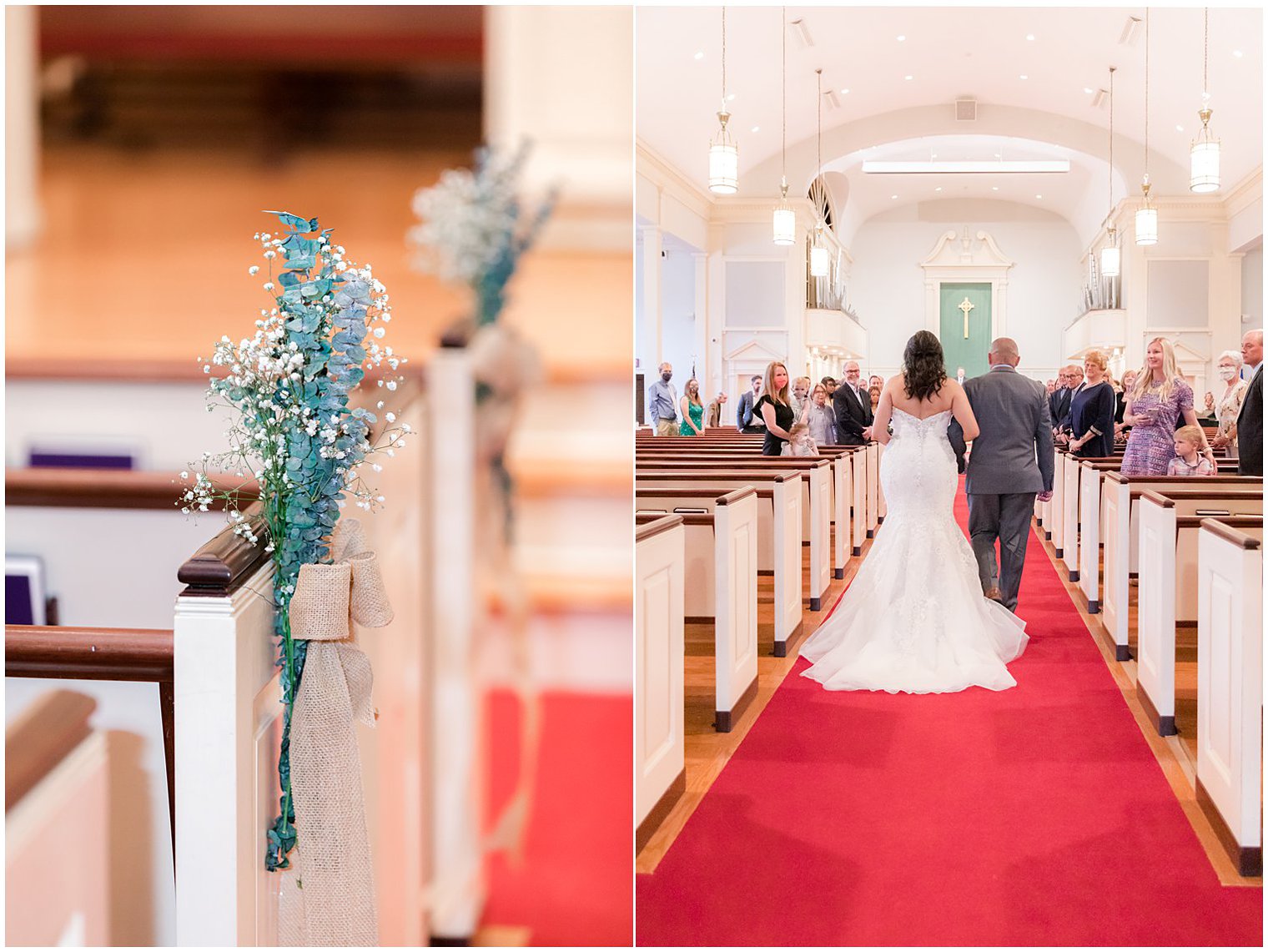 bride walks down aisle with father during traditional church wedding in Red Bank New Jersey 