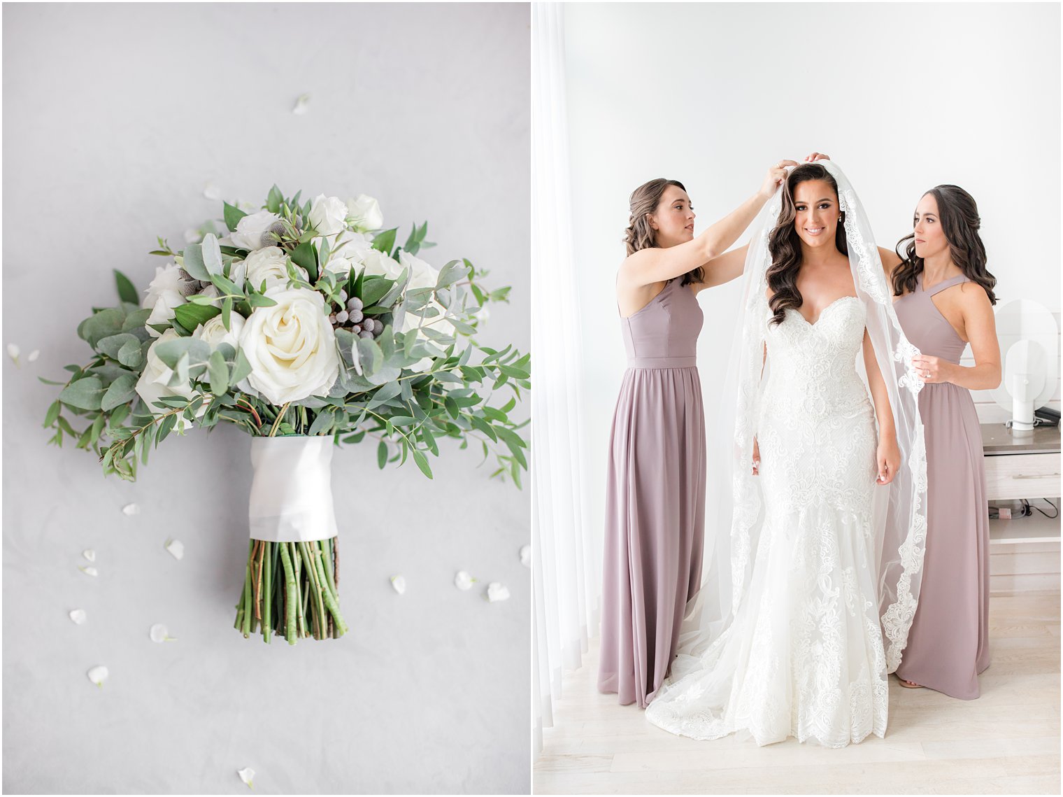 bride's all-white bouquet and bridesmaids help bride with veil